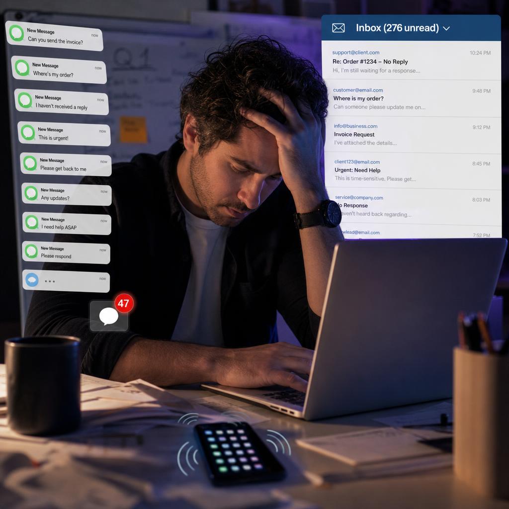 Business owner overwhelmed with customer messages
